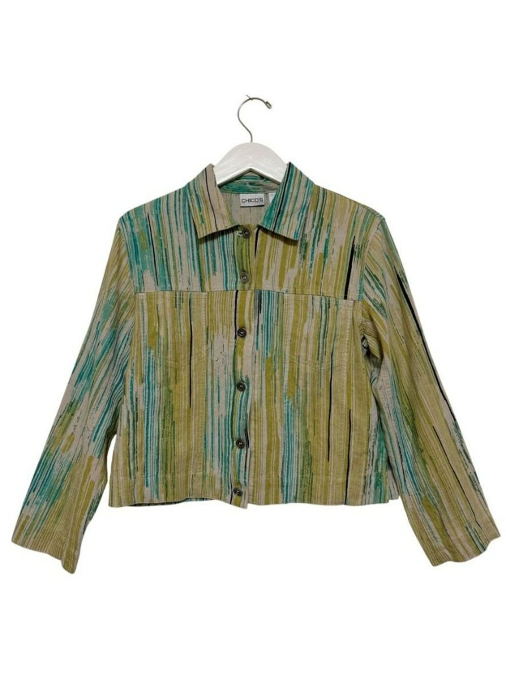 Chico's Green Tan Stripe Shirt Jacket Button Up Women's Small 4 Chico's Size 0